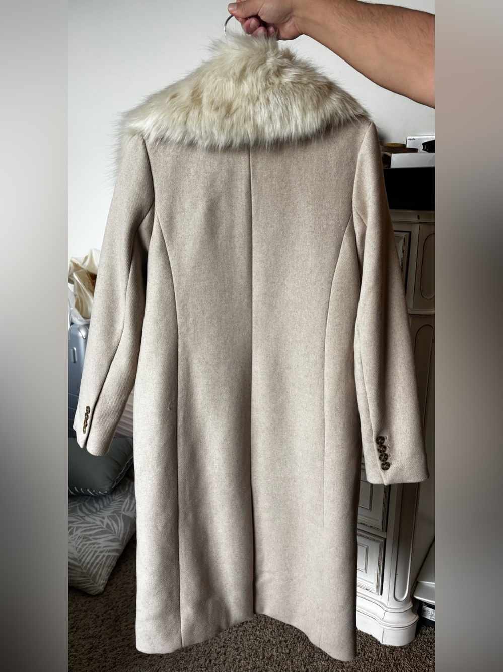 Abercrombie & Fitch Wool Blend Tan Long Length Coat w Removable Faux Fur Collar - Picture 4 of 16